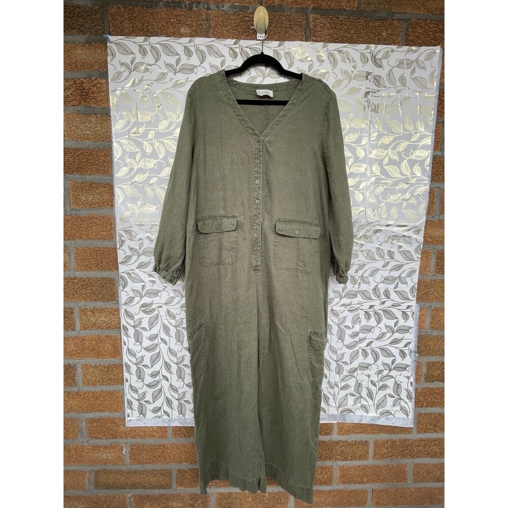 Nomad the Label Linen Cargo Jumpsuit M Lagenlook Olive Green Utility Romper